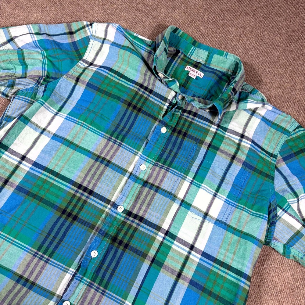 Merona Shirt Mens XL Multicolor Plaid Cotton Pleated Streetwear Button Down